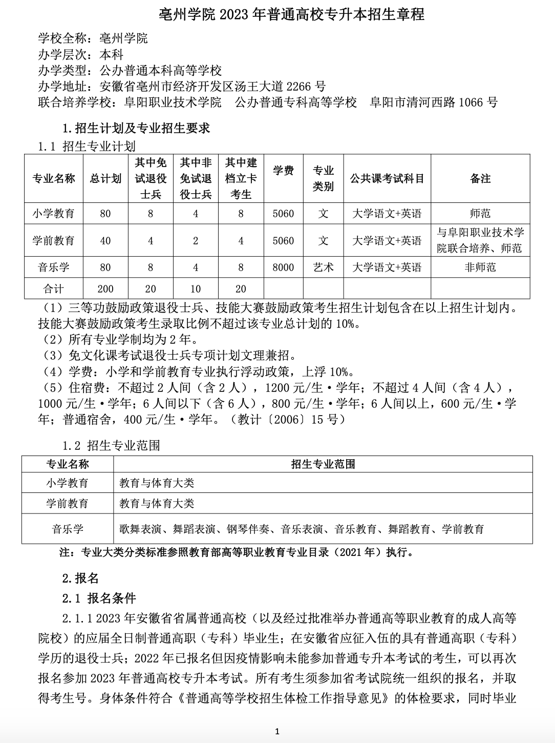 亳州学院公布2023年专升本招生章程