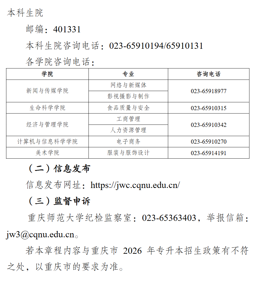 2026年重庆师范大学专升本招生计划