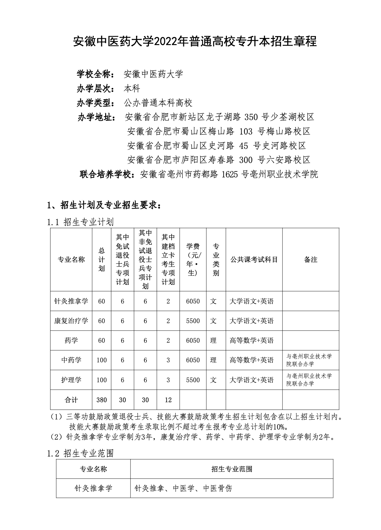 安徽中医药大学2022年普通高校专升本招生章程