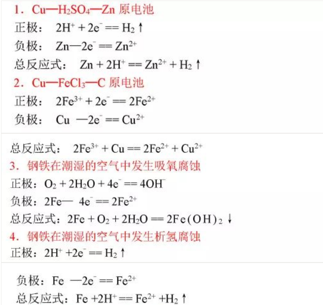 高中化学方程式大全:电极反应方程式——原电池电极反应方程式