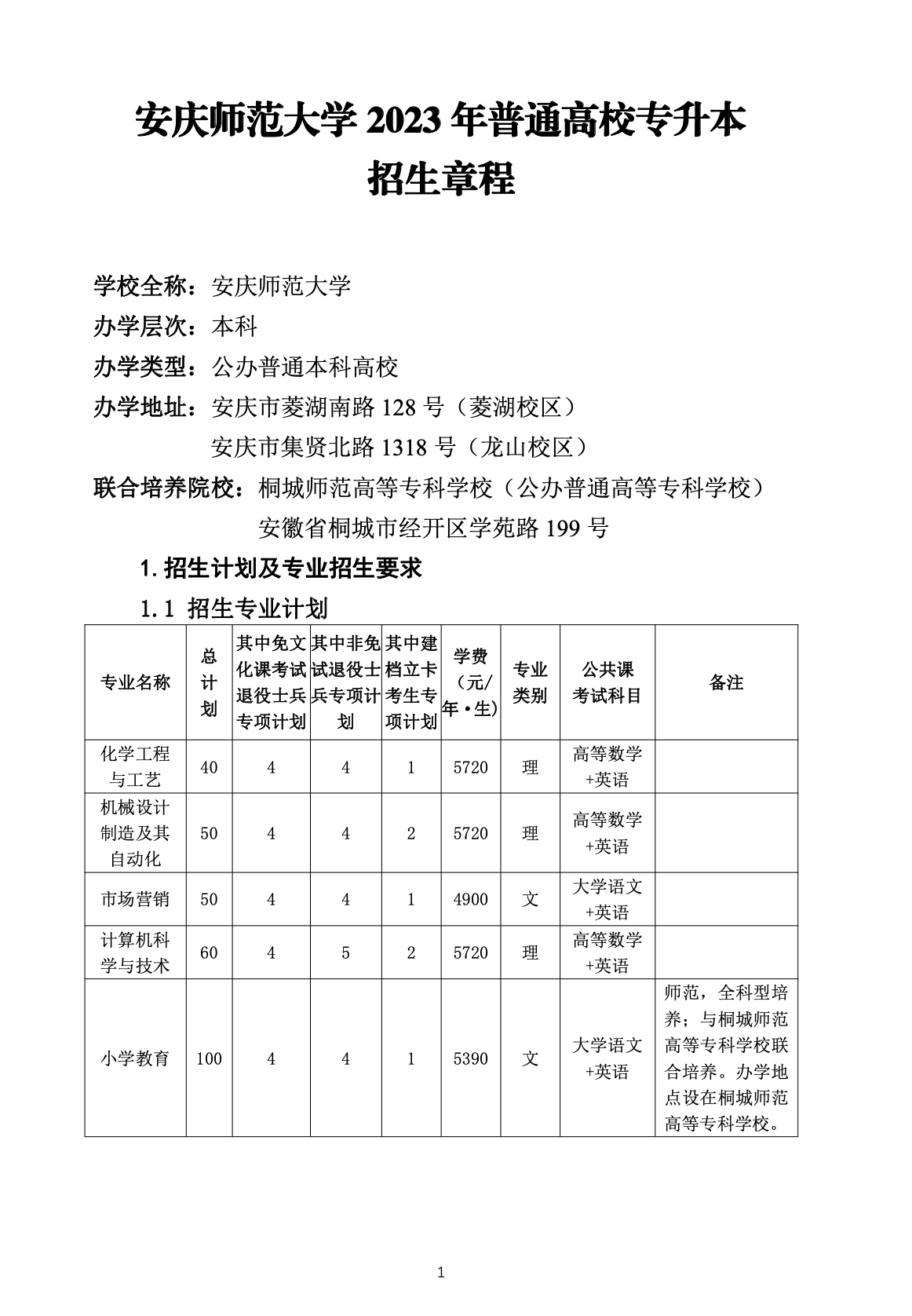 安庆师范大学2023年普通高校专升本招生章程