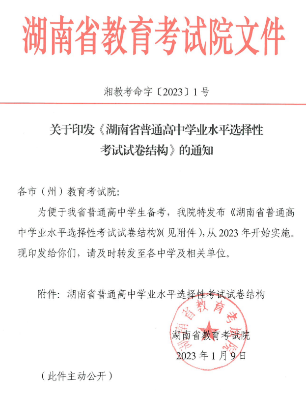 关于印发湖南省普通高中学业水平选择性考试试卷结构的通知