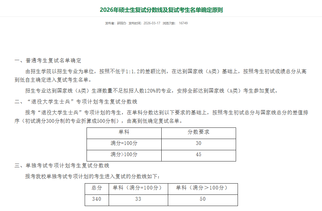 华南农业大学2026年硕士生复试分数线及复试考生名单确定原则