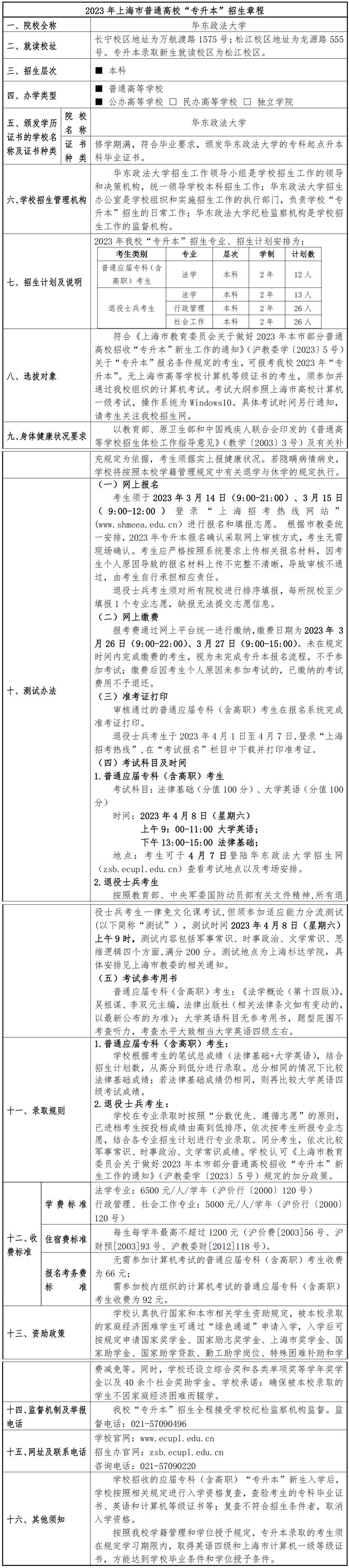 华东政法大学2023年专升本招生简章