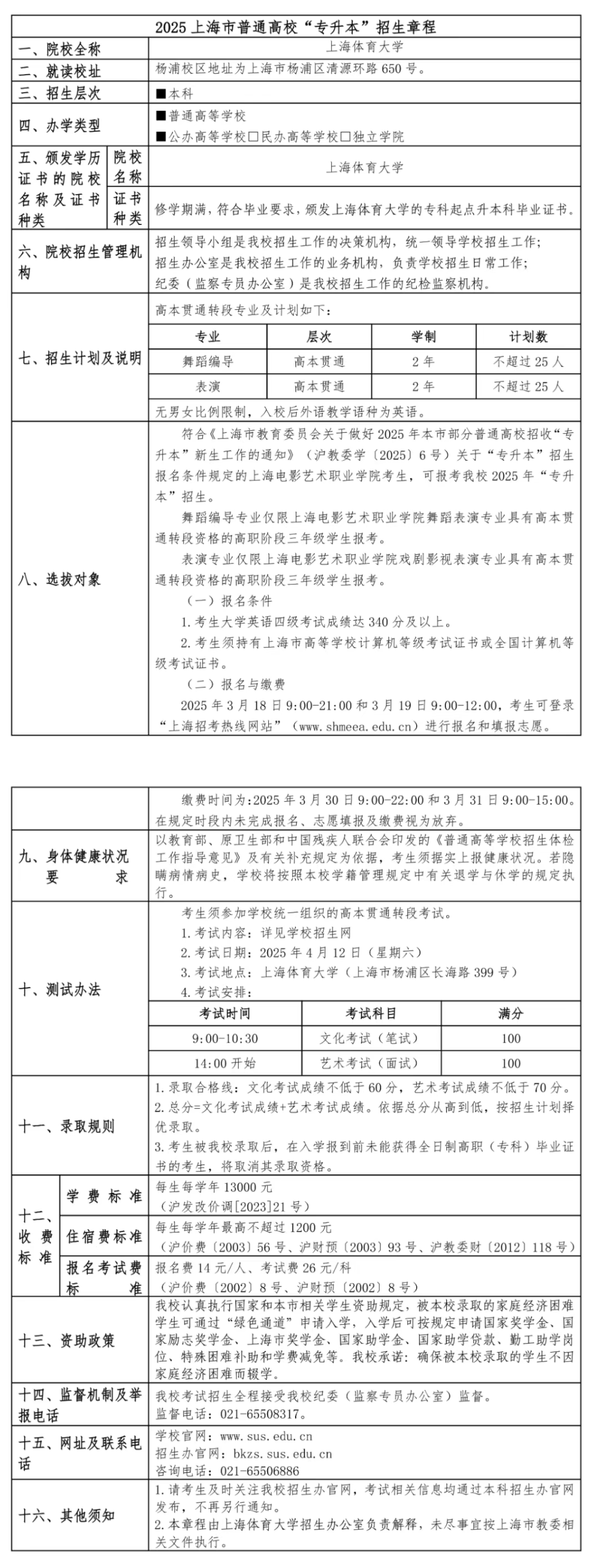 2025年上海体育大学专升本招生简章