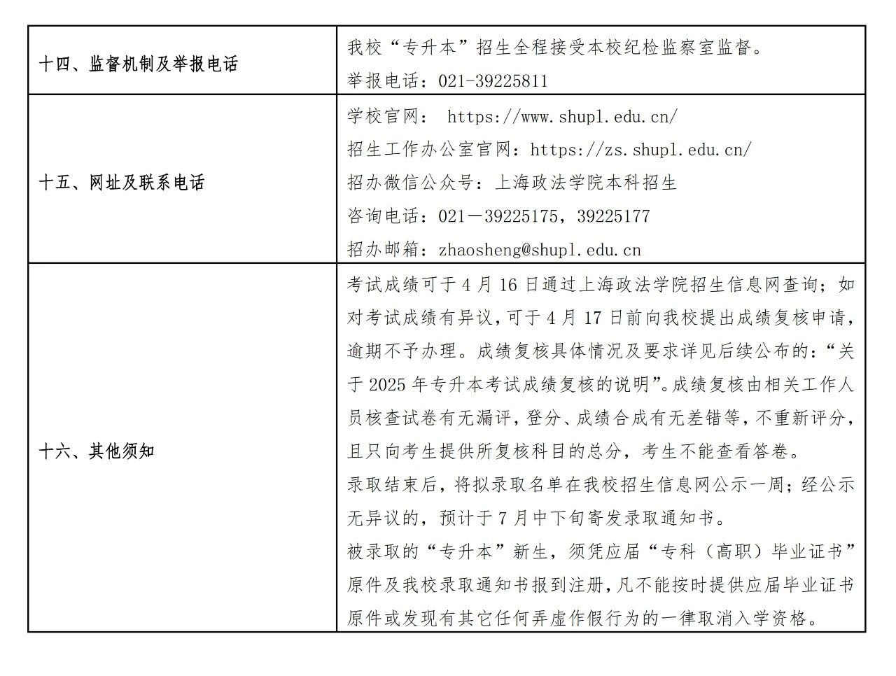 上海政法学院专升本招生简章
