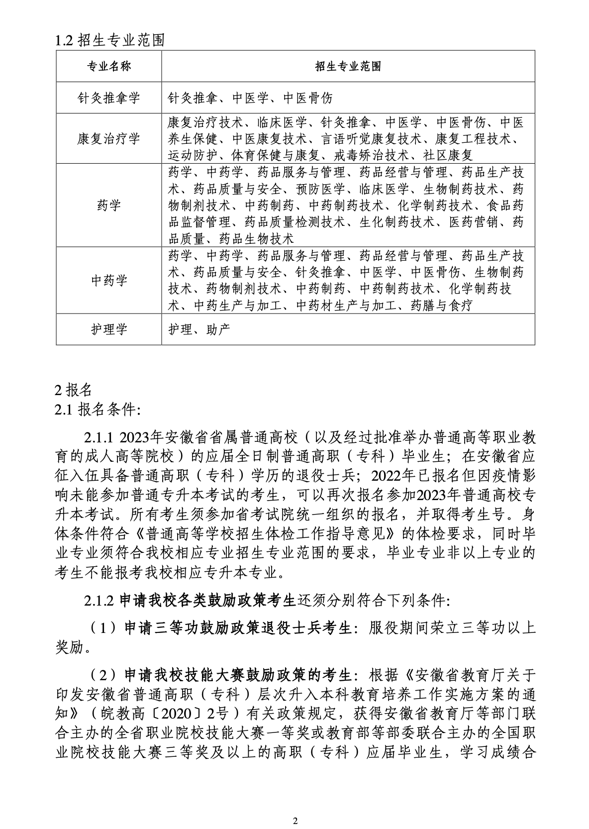 安徽中医药大学公布2023年专升本招生章程