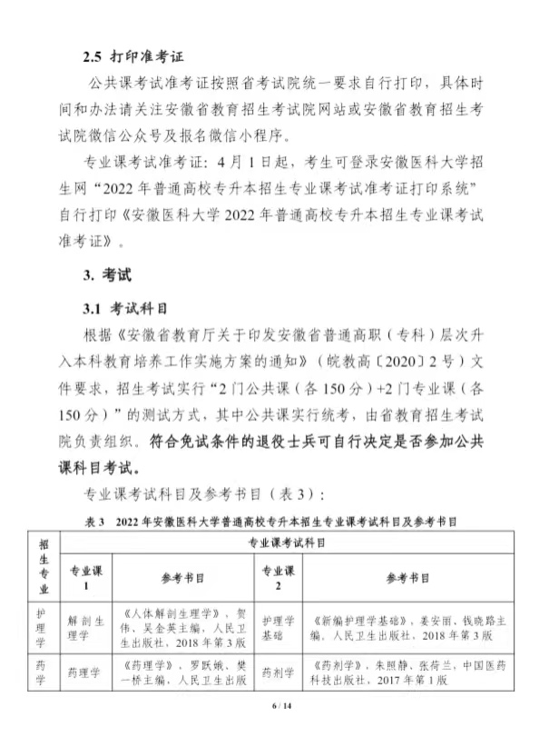 安徽医科大学2022年普通高校专升本招生章程