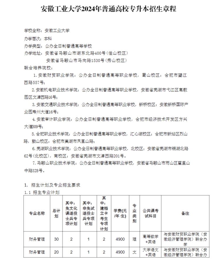 2024年安徽工业大学专升本招生简章1