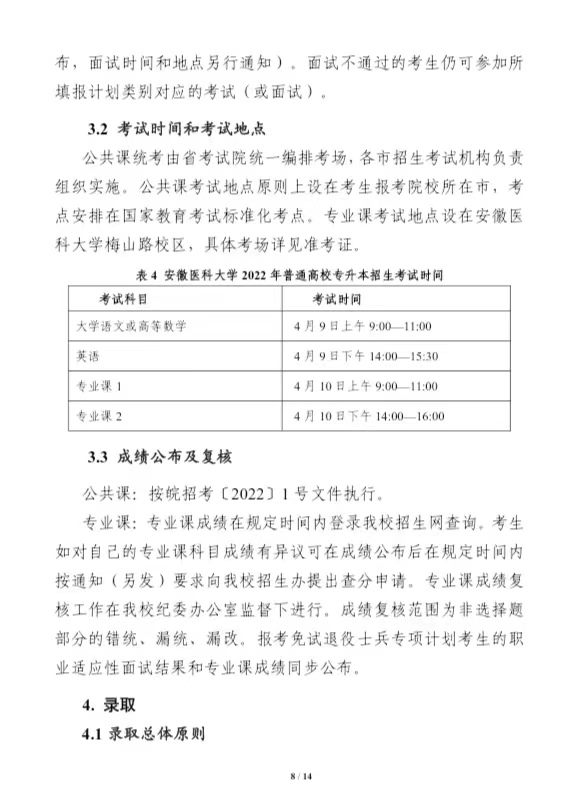 安徽医科大学2022年普通高校专升本招生章程