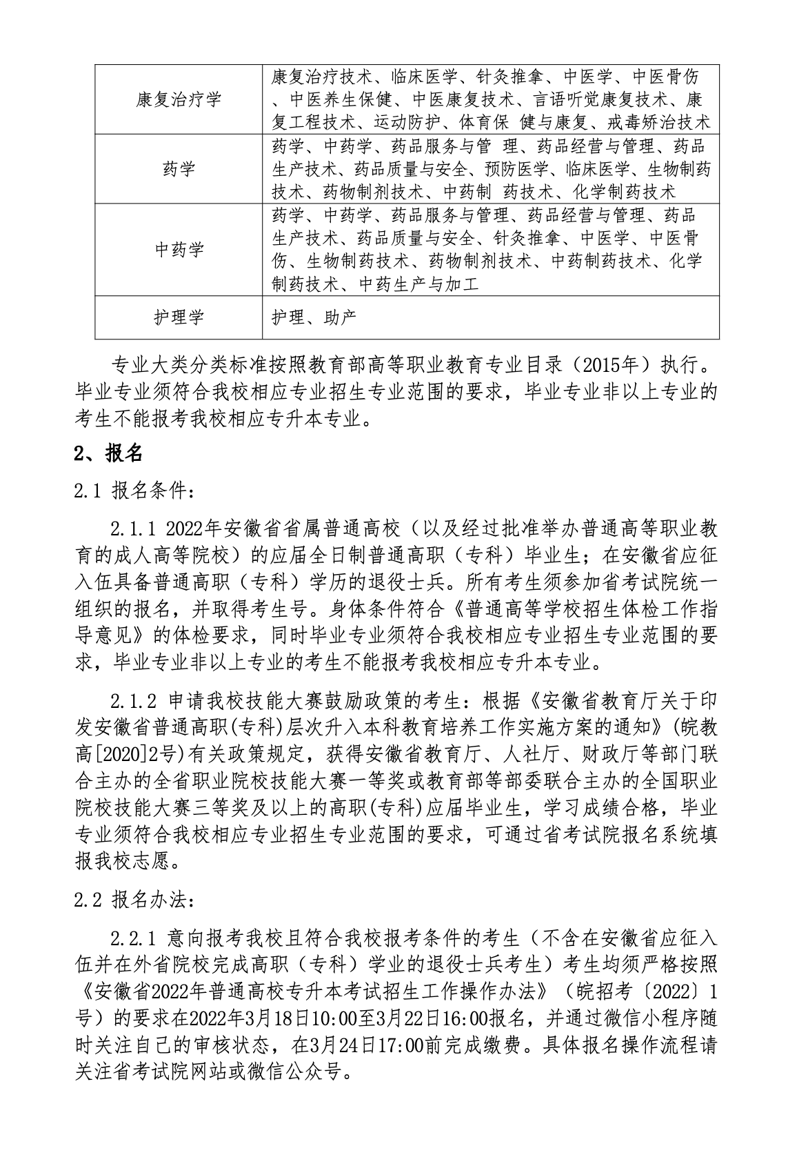 安徽中医药大学2022年普通高校专升本招生章程